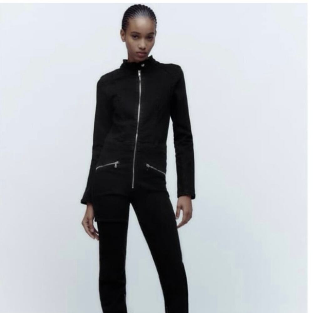 Zara Jumpsuit Boilersuit Womens XS Front Zip Straight Leg Hemline Zipper Black